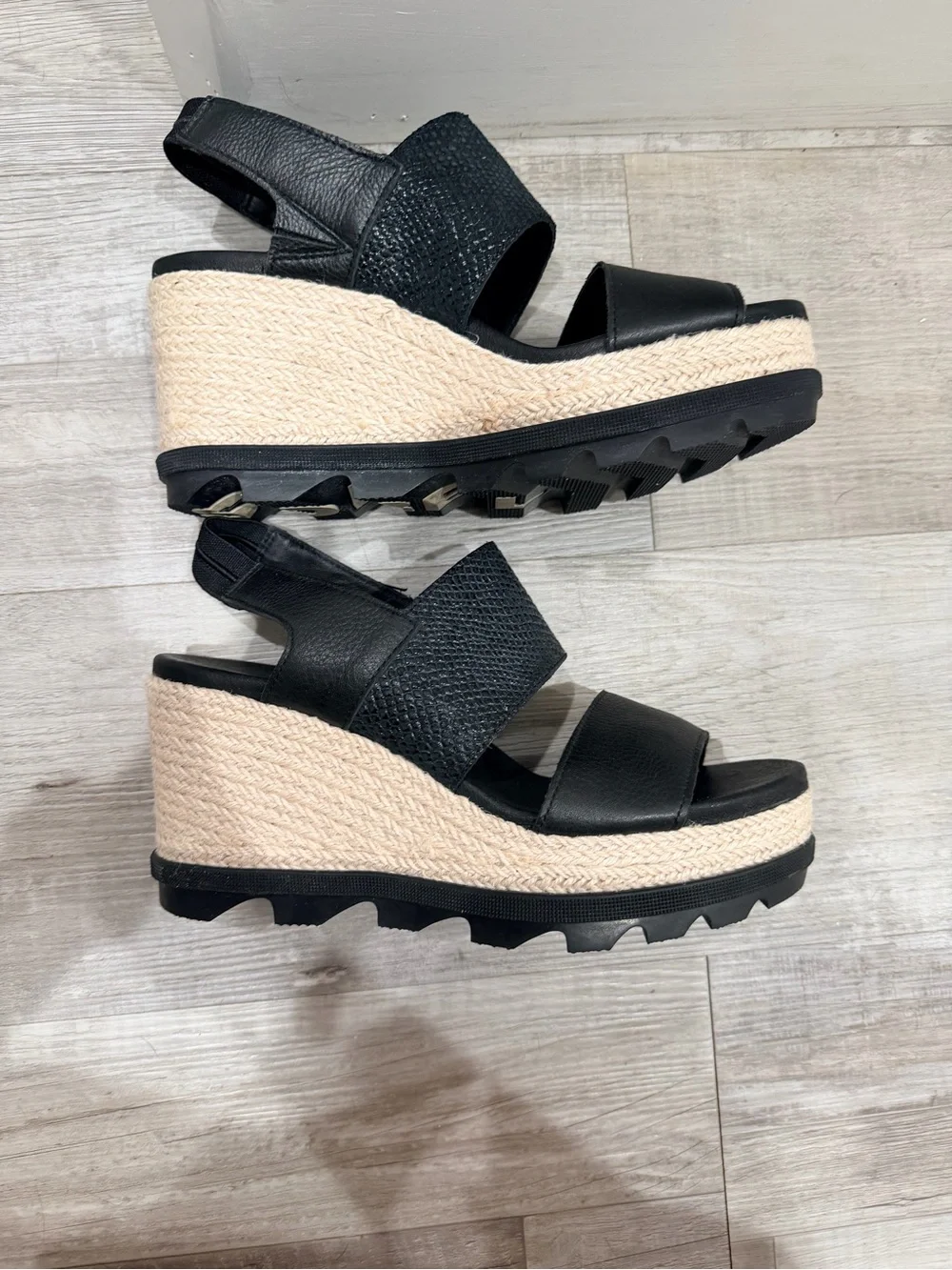 Sorel Black Espadrille Platform Wedge Sandals